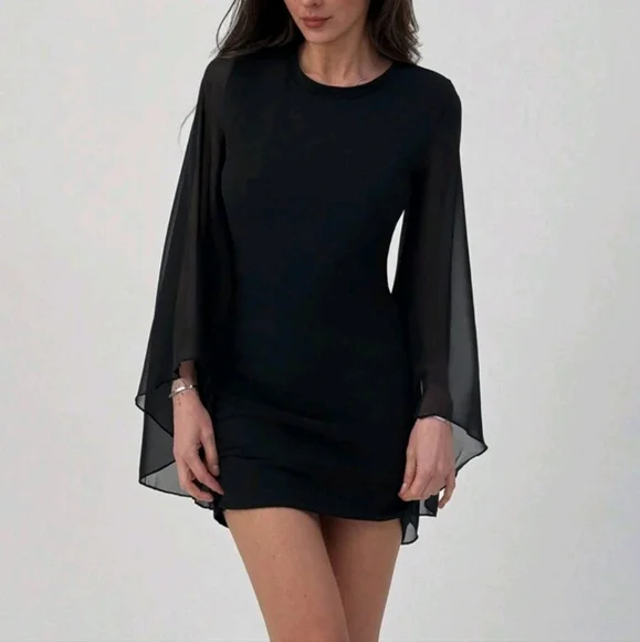 Early Spring New Modern Solid Black Slim Fit Mini Bodycon Vintage Wing Sleeve Lo - Picture 3 of 4